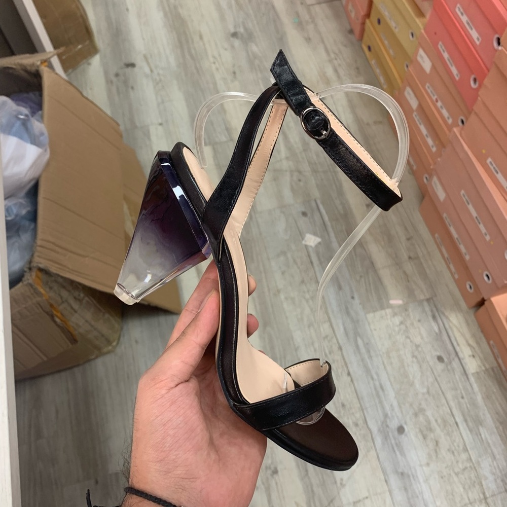 Empress Cone Wedge Glass Heel in Black Faux Leather